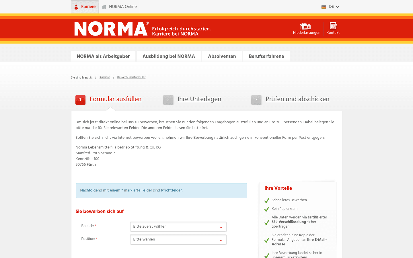 Online-Bewerbungsformular auf der offiziellen NORMA-Karriereseite fuer die Ausbildung