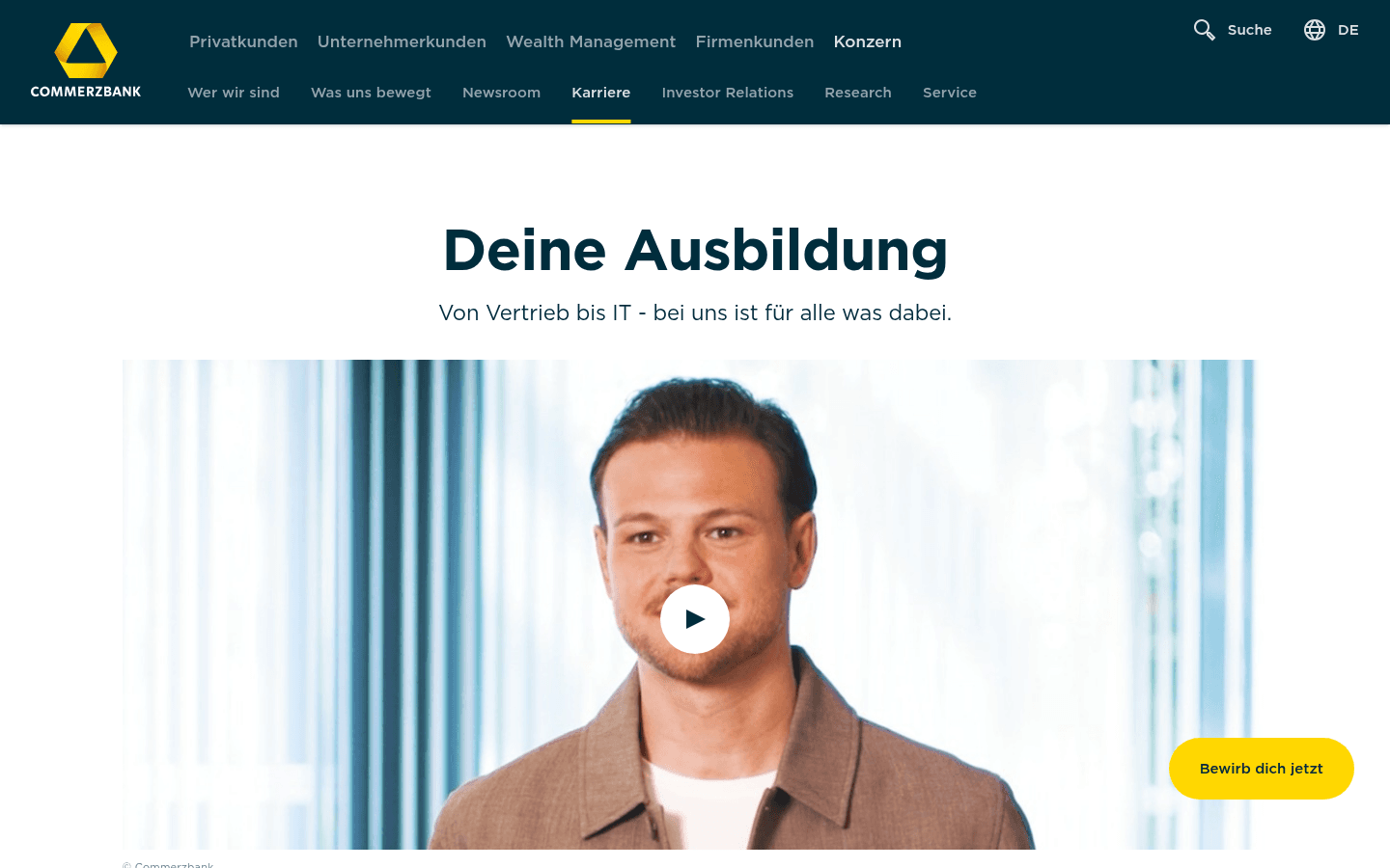 Offizielle Ausbildungsseite der Commerzbank mit Benefits-Übersicht für Auszubildende