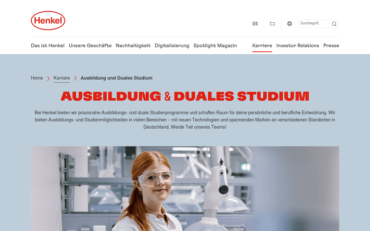 Übersichtsseite Ausbildung und duales Studium auf der offiziellen Henkel-Karriereseite