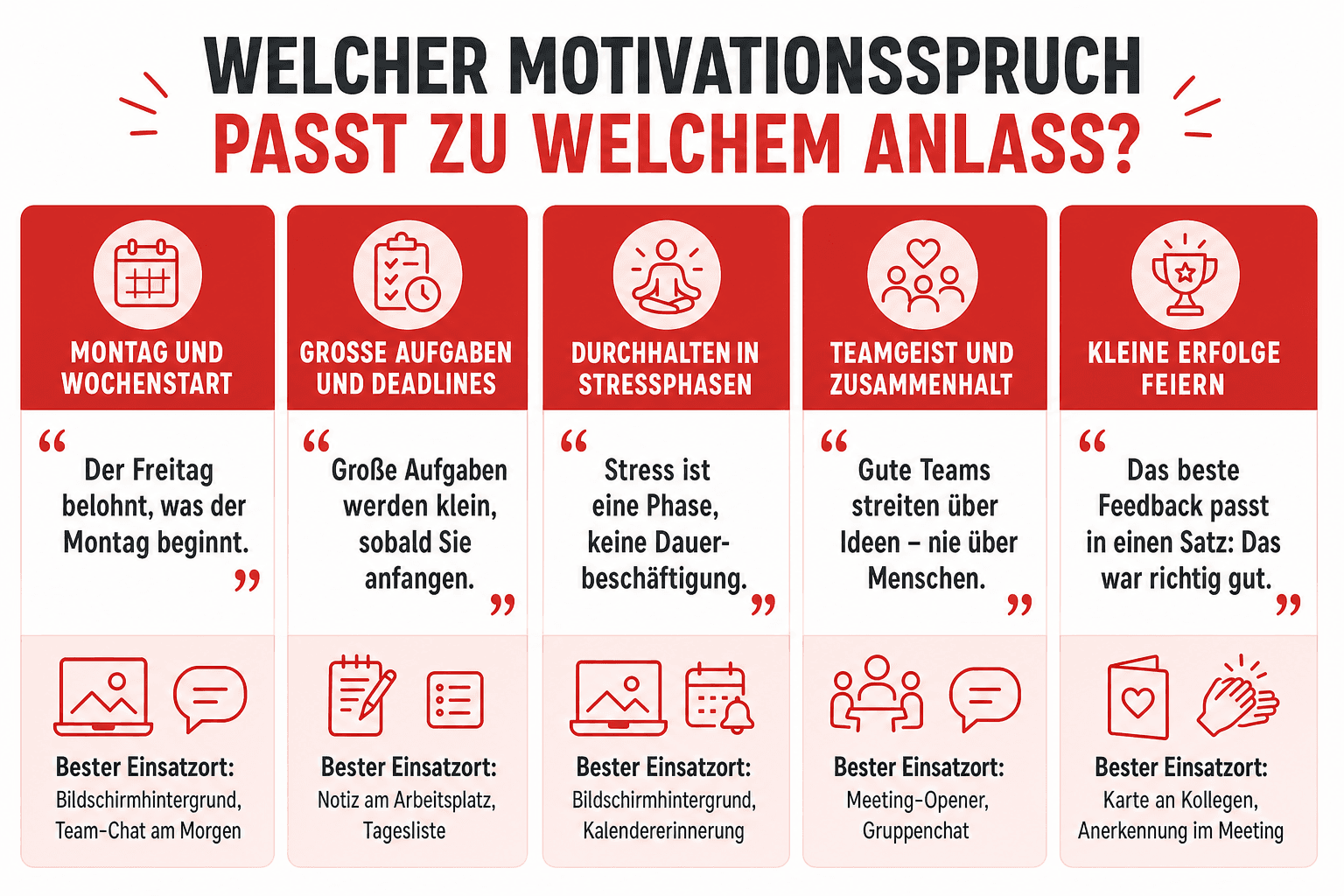 Infografik: Welcher Motivationsspruch passt zu welchem Anlass? Anlass: Montag und Wochenstart | Kurzbeispiel: „Der Freitag belohnt, …“