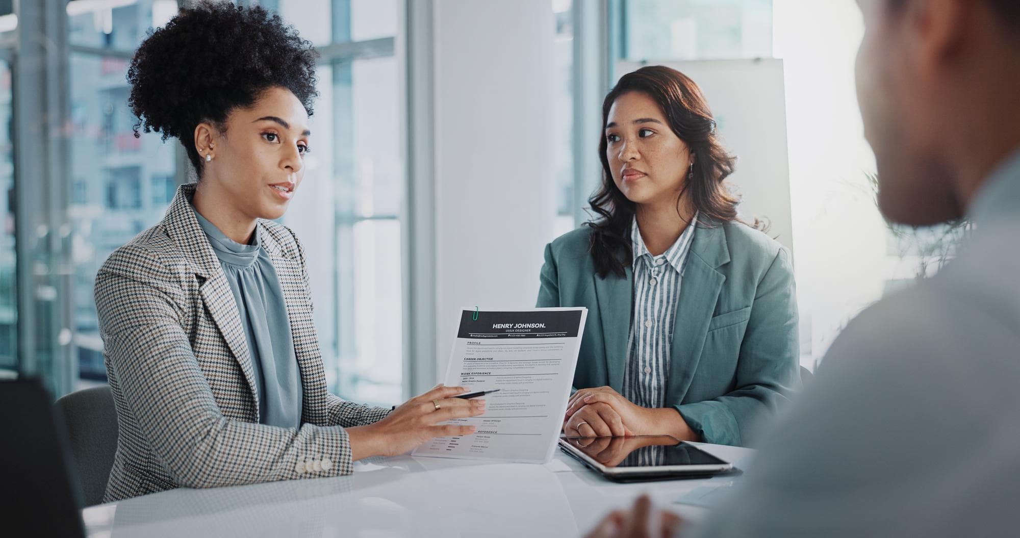 Business people resume paperwork or job interview with human resources manager for onboarding Lawyer experience and hr meeting with boss or cv in office for recruitment hiring and work contract