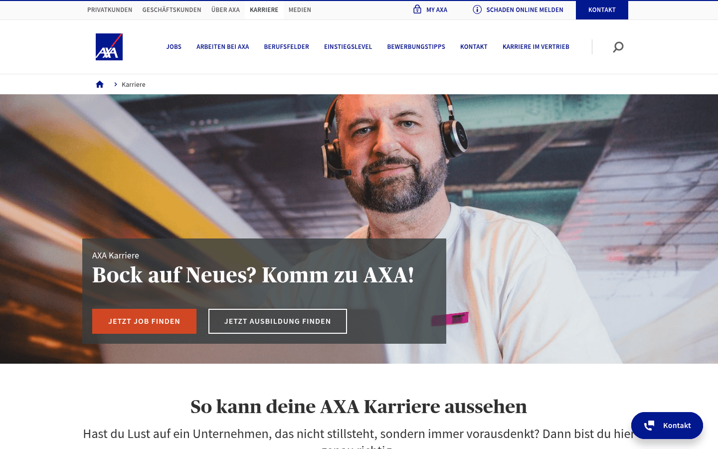 Startseite der offiziellen AXA-Karriereseite mit Einstiegslevel-Navigation