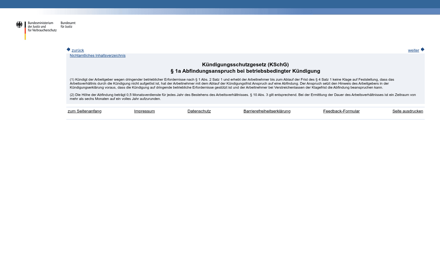 Gesetzestext von § 1a KSchG auf gesetze-im-internet.de mit der Abfindungsformel 0,5 Monatsverdienste je Beschäftigungsjahr