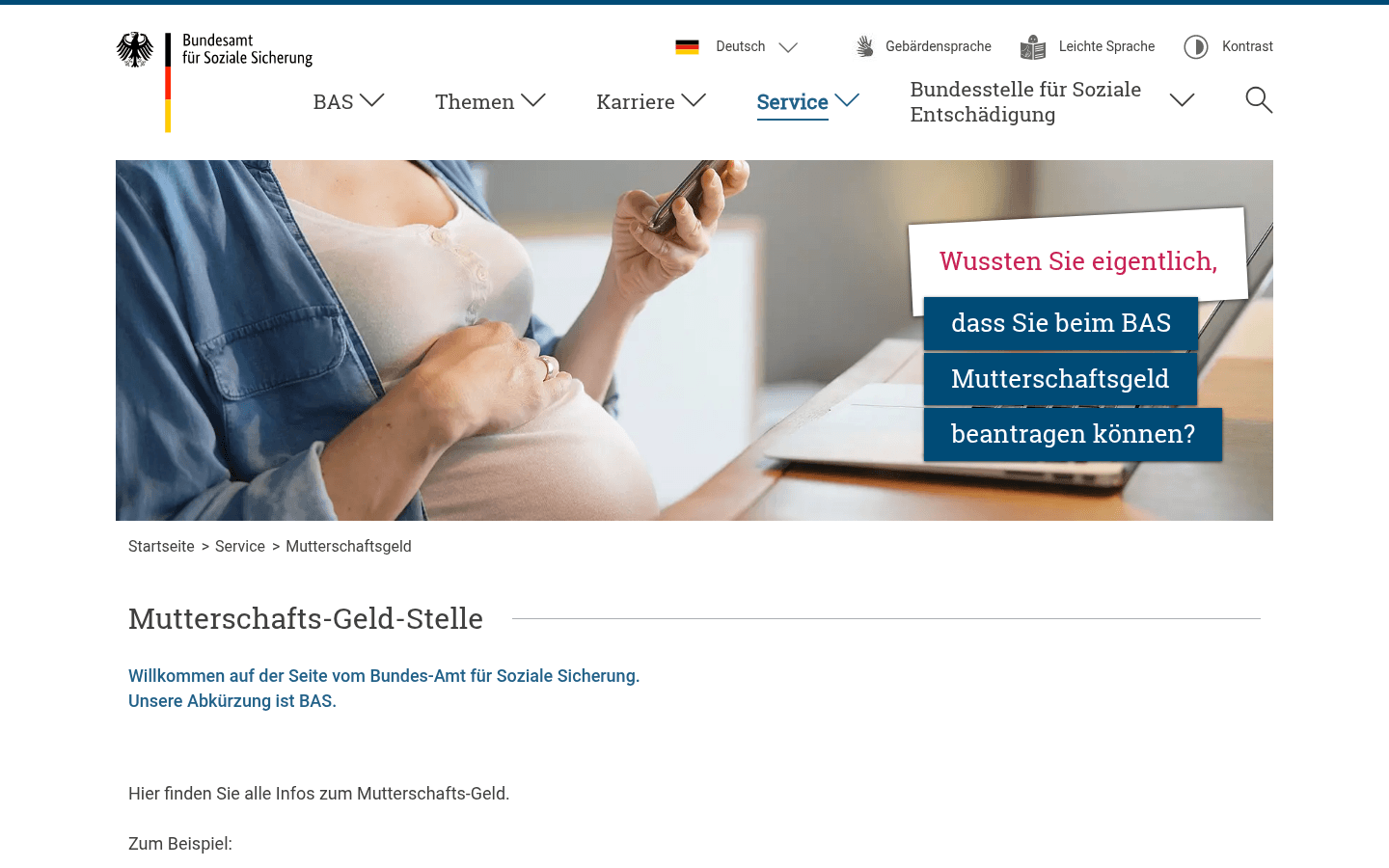 Seite der Mutterschaftsgeldstelle des Bundesamts für Soziale Sicherung mit Informationen zu Antragsweg und Voraussetzungen fü