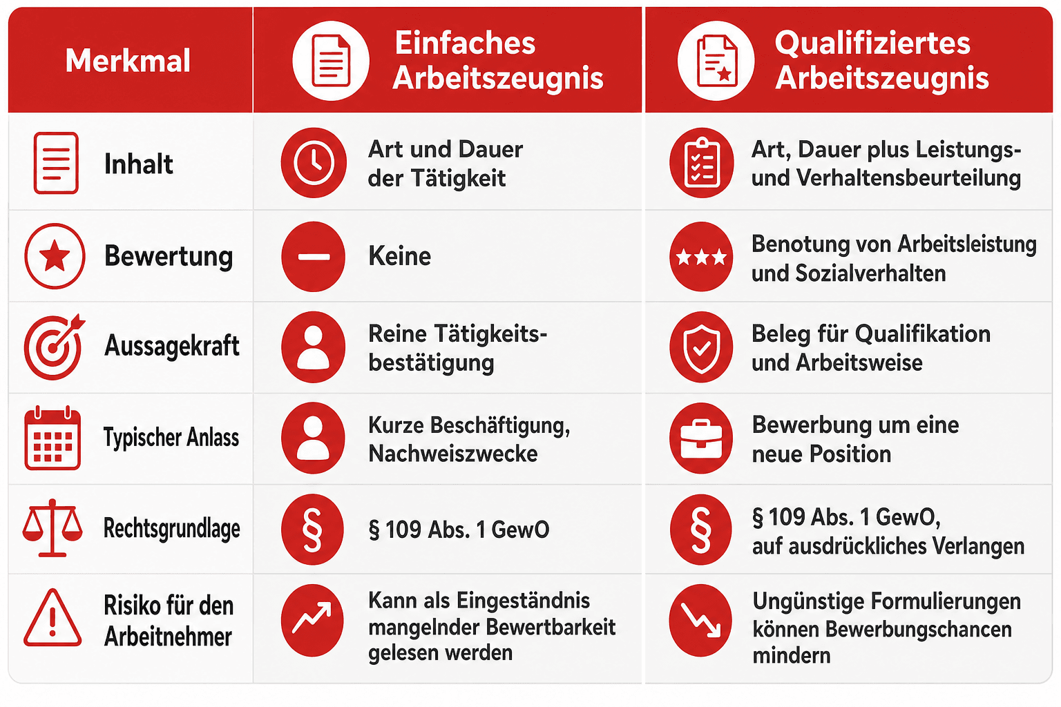 Infografik: Einfaches und qualifiziertes Arbeitszeugnis im Vergleich Merkmal: Inhalt | Einfaches Arbeitszeugnis: Art und Dauer der T...