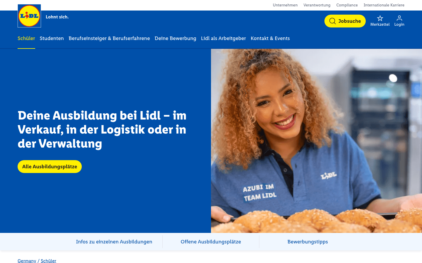 Offizielle Lidl-Karriereseite zur Ausbildung mit Hinweis auf Ausbildungsgehalt und Berufe