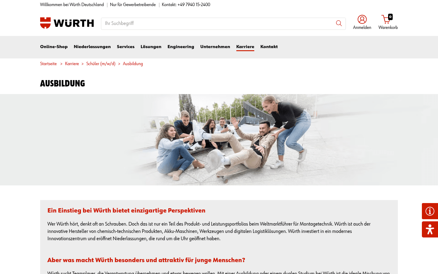 Offizielle Ausbildungsseite von Würth mit Übersicht der Ausbildungsberufe und Vergütung