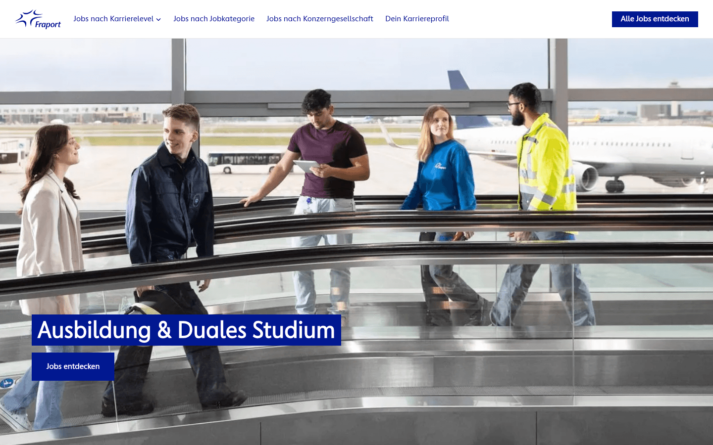 Screenshot der Fraport-Karriereseite Ausbildung und duales Studium mit Uebersicht der Ausbildungsberufe
