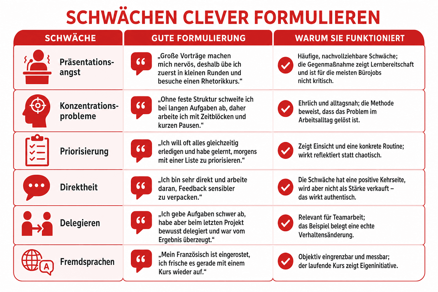 Infografik: Tabelle: Schwäche, gute Formulierung und Begründung Schwäche: Präsentationsangst | Gute Formulierung: „Große Vorträge ma...