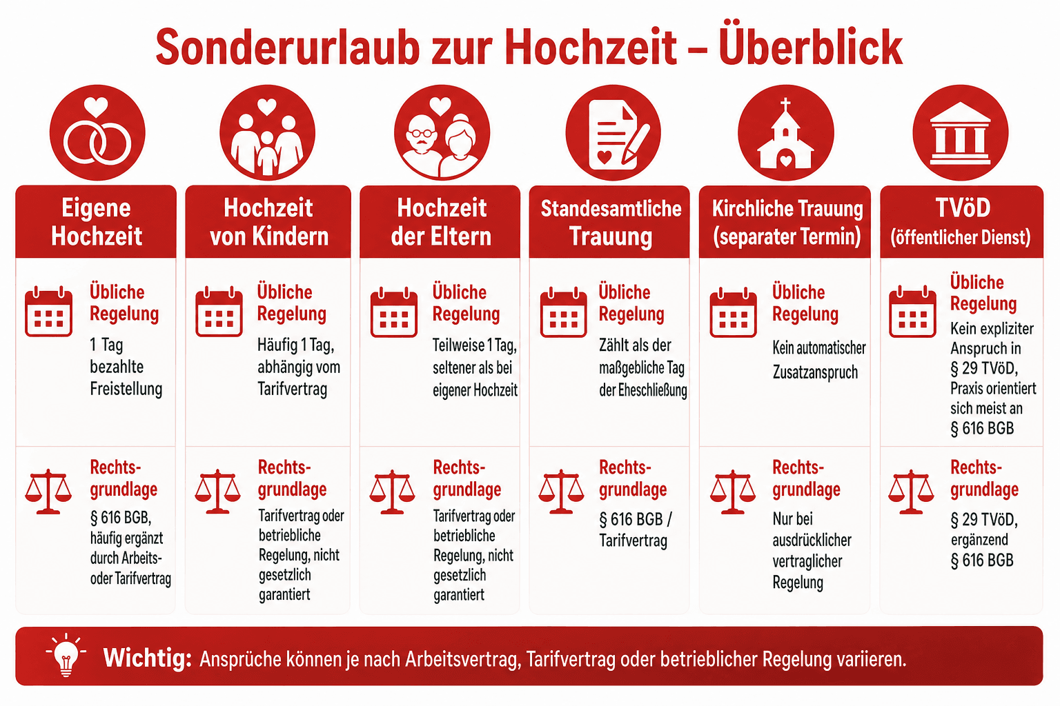 Infografik: Typische Regelungen im Überblick Anlass: Eigene Hochzeit | Übliche Regelung: 1 Tag bezahlte Freistellung | Rechtsgrundla...