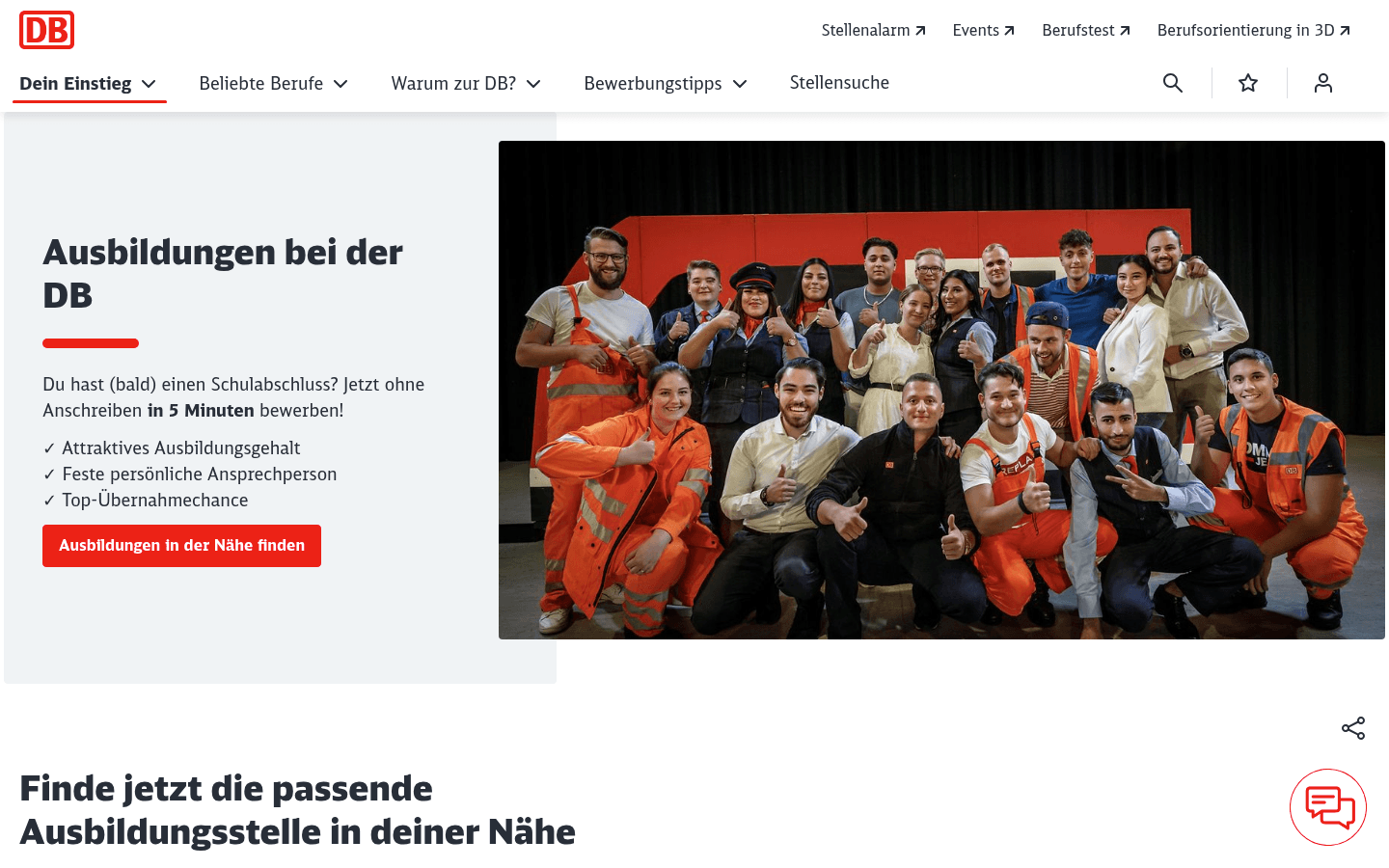 Startseite der Ausbildungsuebersicht auf db.jobs mit den Ausbildungsbereichen der Deutschen Bahn