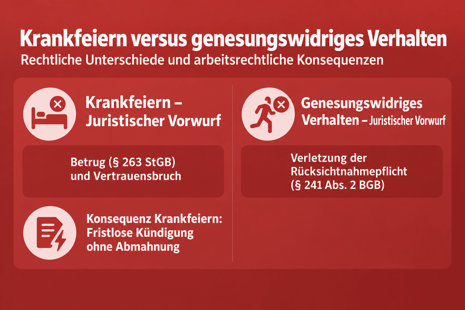 Infografik: Genesungswidriges Verhalten: Wann drohen Abmahnung und Kündigung? Merkmal: Tatsächlicher Zustand | Krankfeiern (vorgetäu...