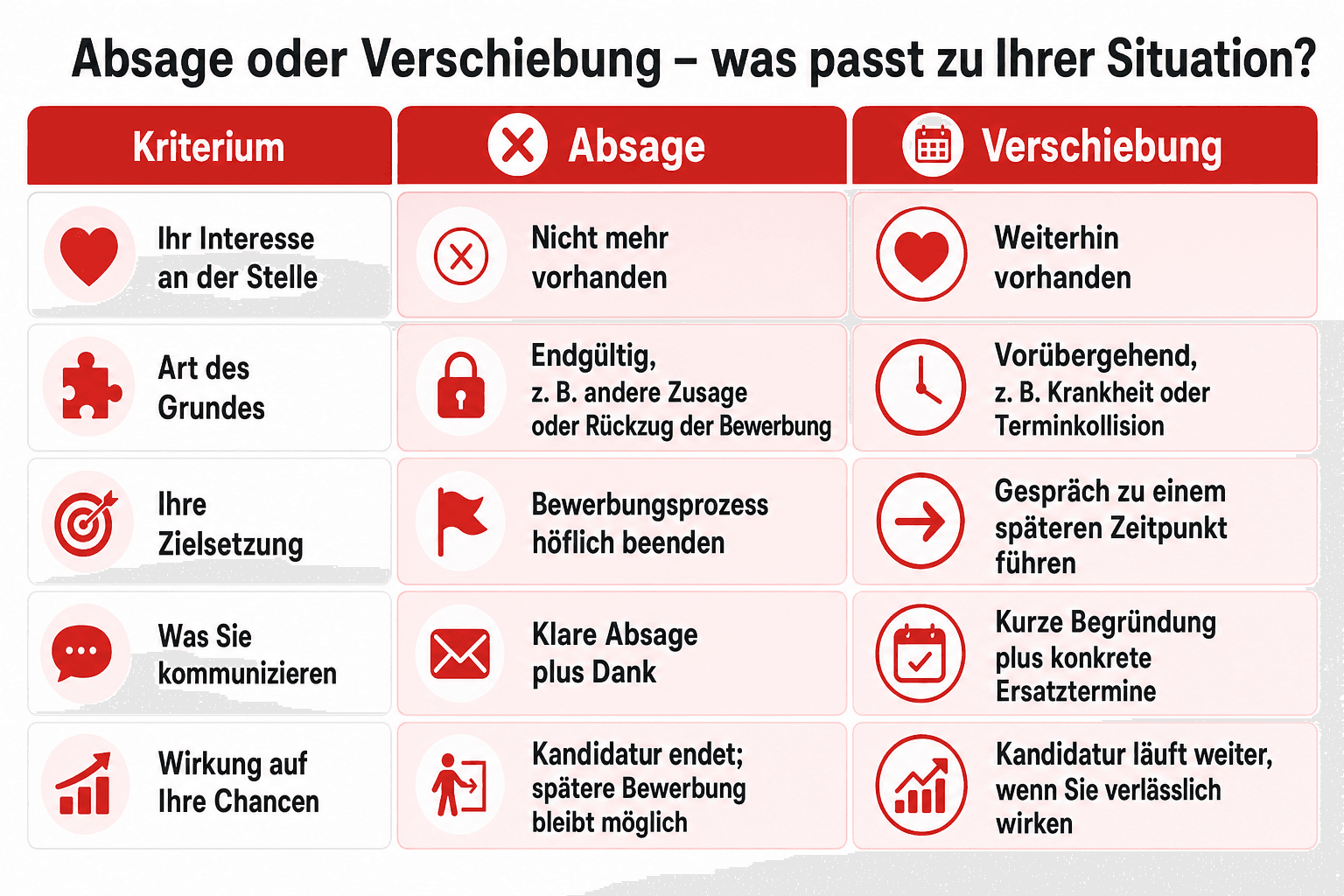 Infografik: Absage oder Verschiebung – was passt zu Ihrer Situation? Kriterium: Ihr Interesse an der Stelle | Absage: Nicht mehr vor...