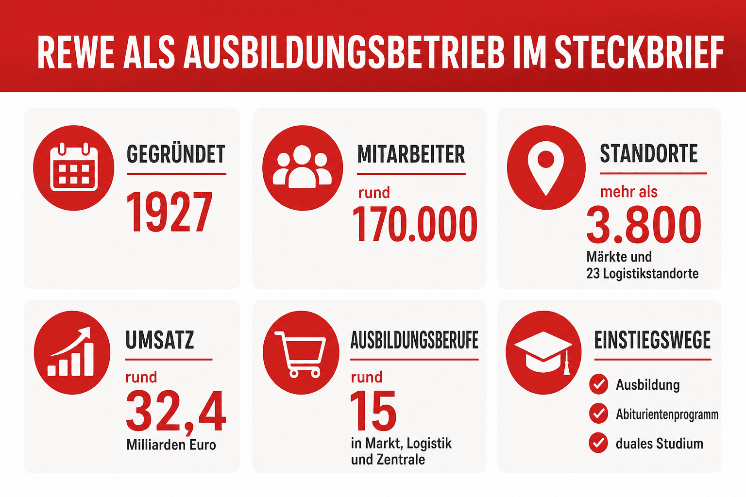Infografik: REWE als Ausbildungsbetrieb im Steckbrief – Branche, Gründung, Mitarbeiterzahl, Standorte, Umsatz und Ausbildungsberufe im Überblick