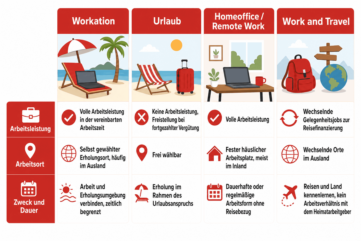 Infografik: Workation, Urlaub, Homeoffice und Work and Travel im Vergleich – Arbeitsleistung, Arbeitsort, Zweck und Dauer der vier Modelle