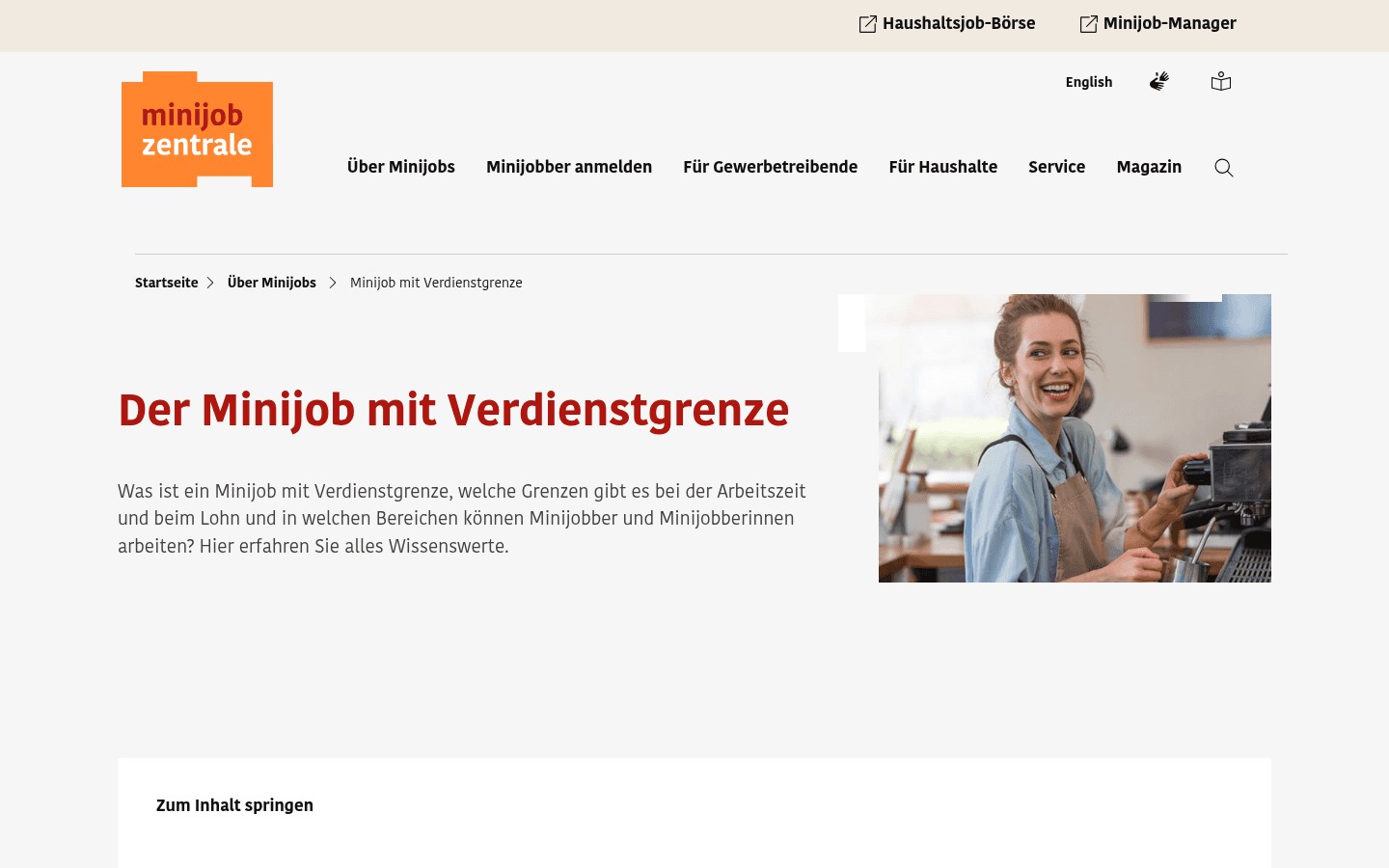 Offizielle Seite der Minijob-Zentrale zum Minijob mit Verdienstgrenze mit aktuellem Grenzbetrag 603 Euro