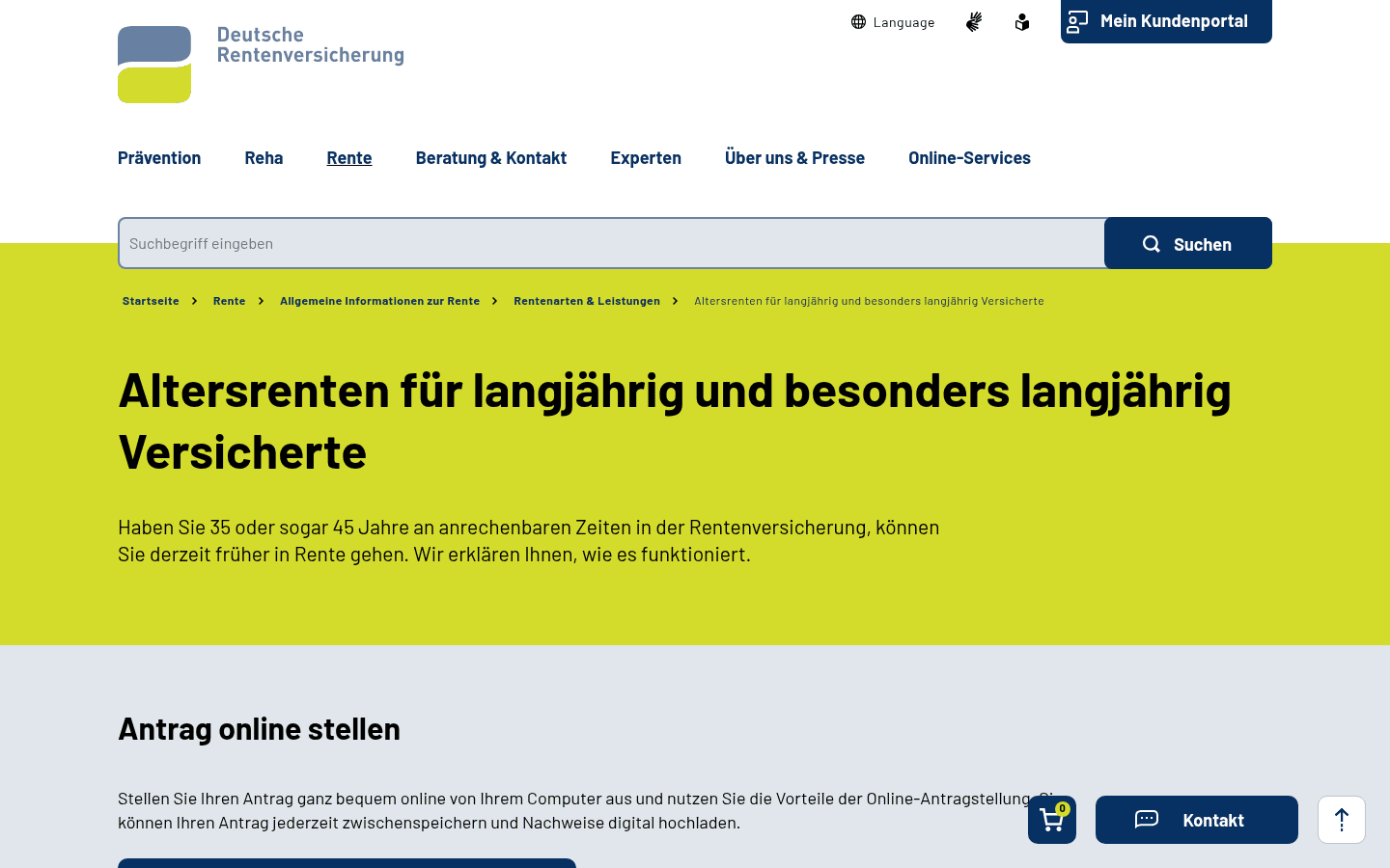 Offizielle Seite der Deutschen Rentenversicherung zur Altersrente für langjährig und besonders langjährig Versicherte mit Erk