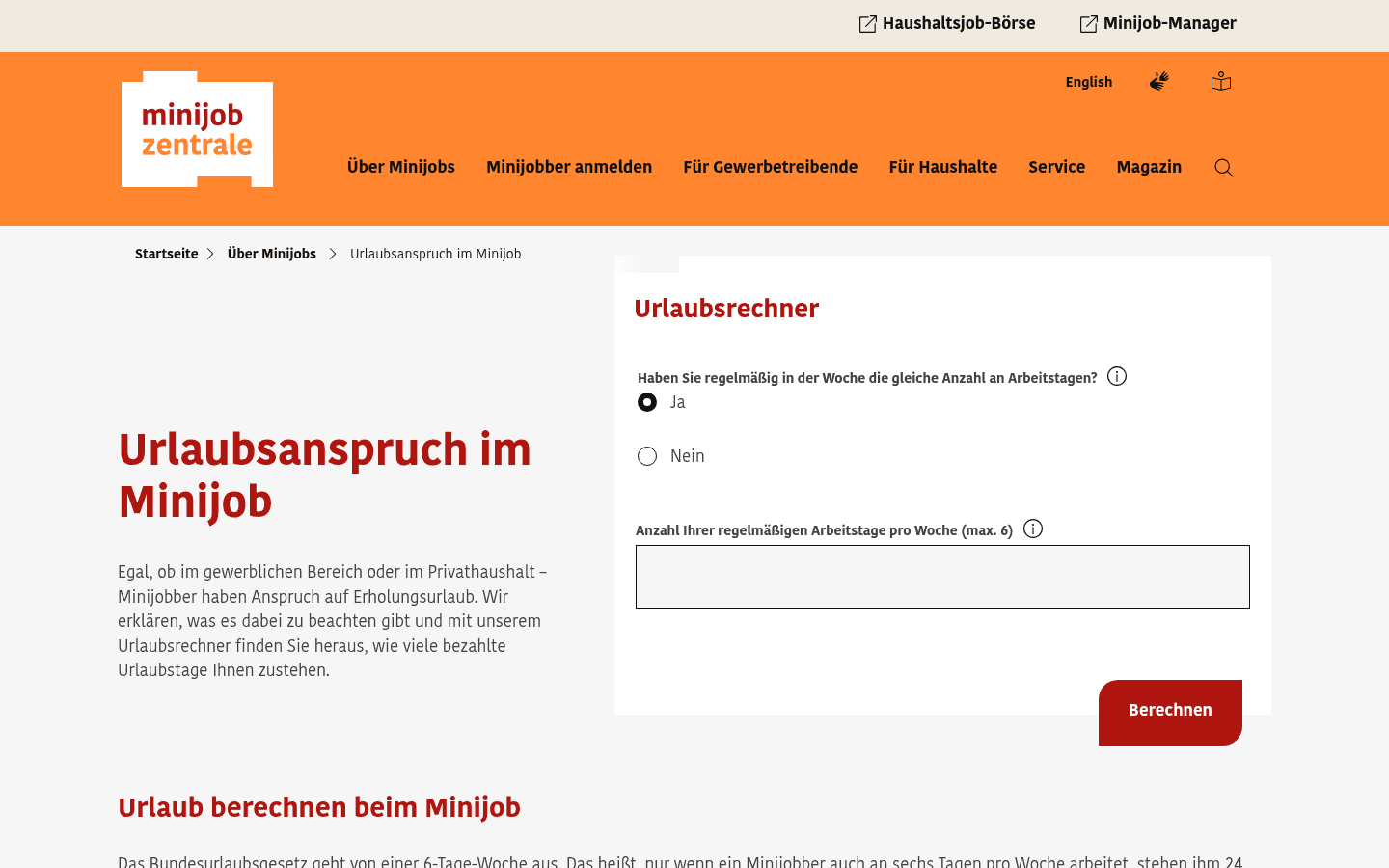 Offizielle Seite der Minijob-Zentrale mit dem amtlichen Berechnungsbeispiel zum Urlaubsanspruch im Minijob