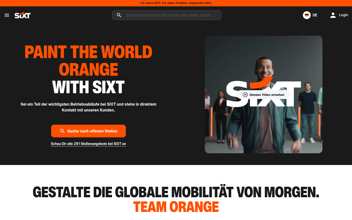 Startseite der offiziellen SIXT-Karriereseite sixt.jobs/de mit dem Slogan Paint the world orange