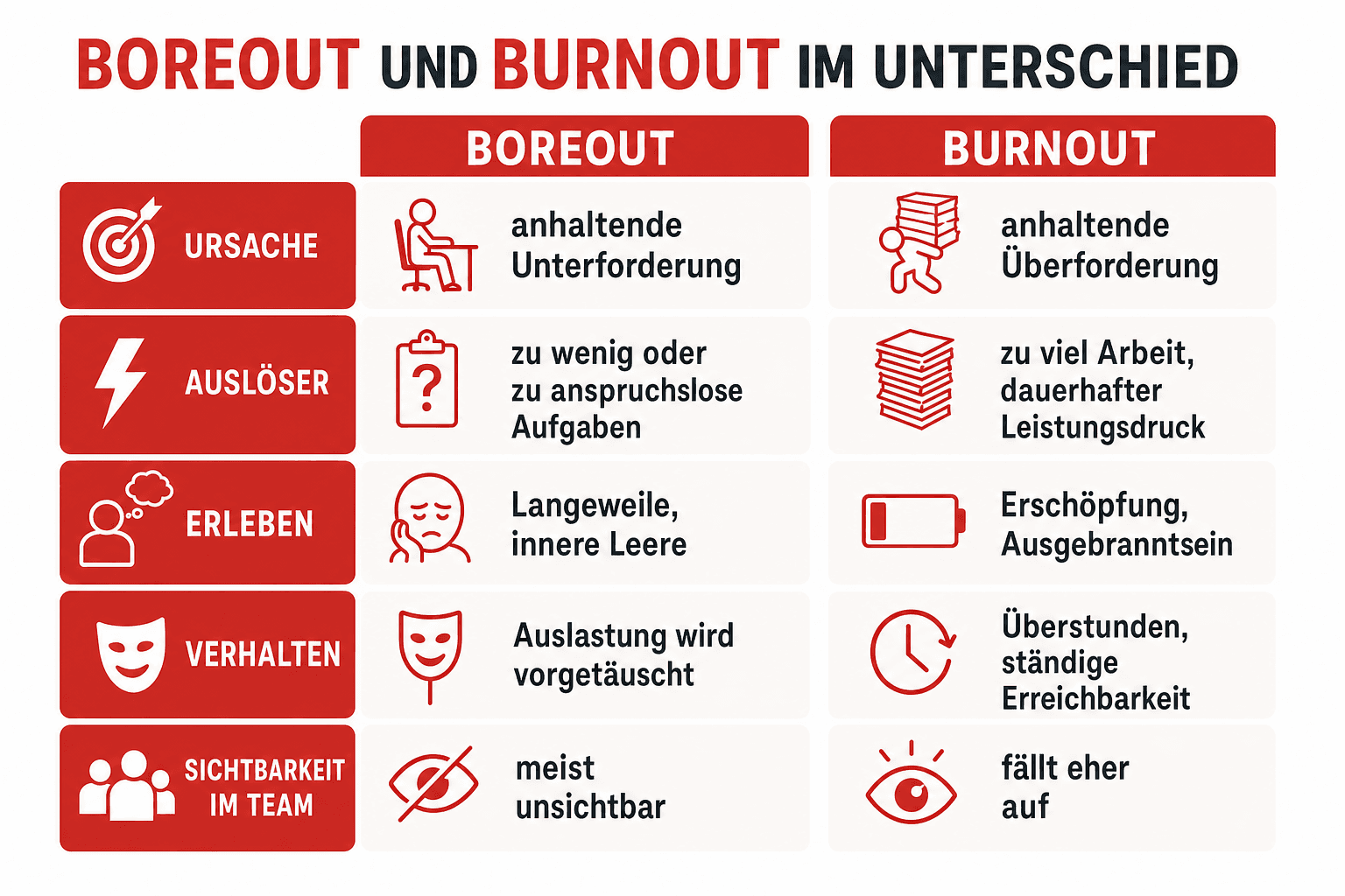 Infografik: Boreout und Burnout im Unterschied Merkmal: Ursache | Boreout: anhaltende Unterforderung | Burnout: anhaltende Überforde...