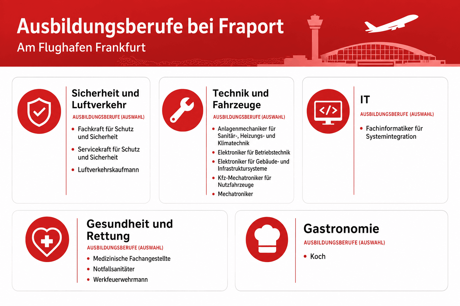 Infografik: Welche Ausbildungsberufe bietet Fraport am Flughafen Frankfurt? Berufsfeld: Sicherheit und Luftverkehr | Ausbildungsberu...