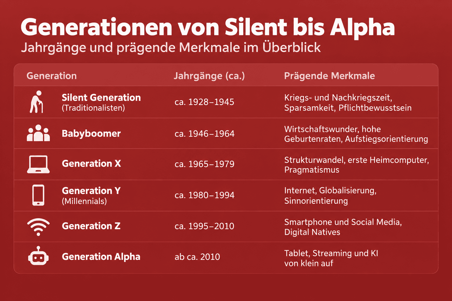 Infografik: Generationen im Überblick: Tabelle mit Jahrgängen und Merkmalen Generation: Silent Generation (Traditionalisten) | Jahrg...