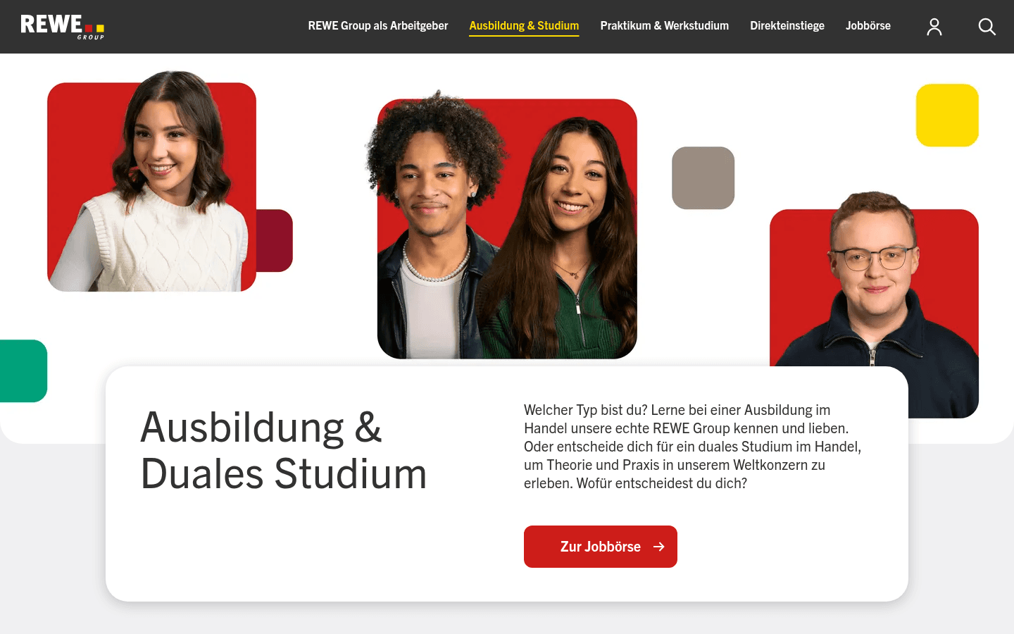 Seite Ausbildung und Duales Studium der REWE Group mit Übersicht zu Einstiegsmöglichkeiten