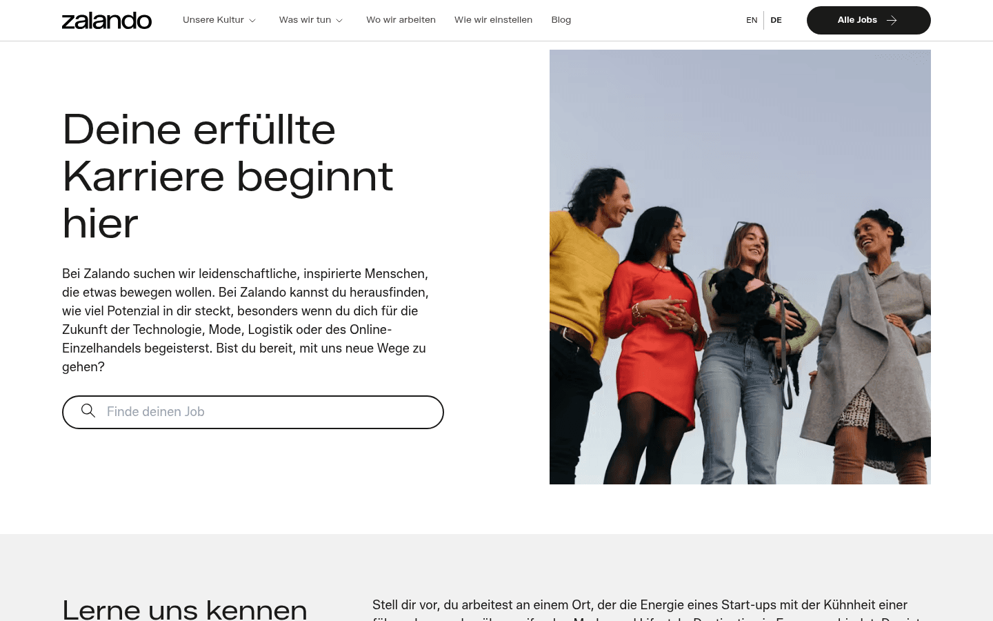 Startseite des Zalando-Karriereportals jobs.zalando.com/de mit Ueberschrift zur Unternehmenskultur