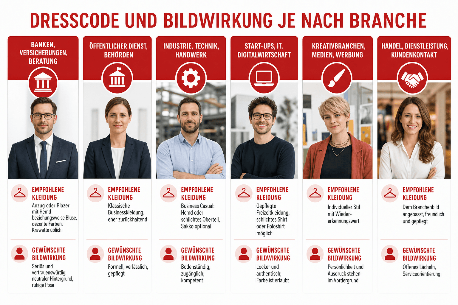 Infografik: Dresscode und Bildwirkung je nach Branche Branche: Banken, Versicherungen, Beratung | Empfohlene Kleidung: Anzug oder Bl...