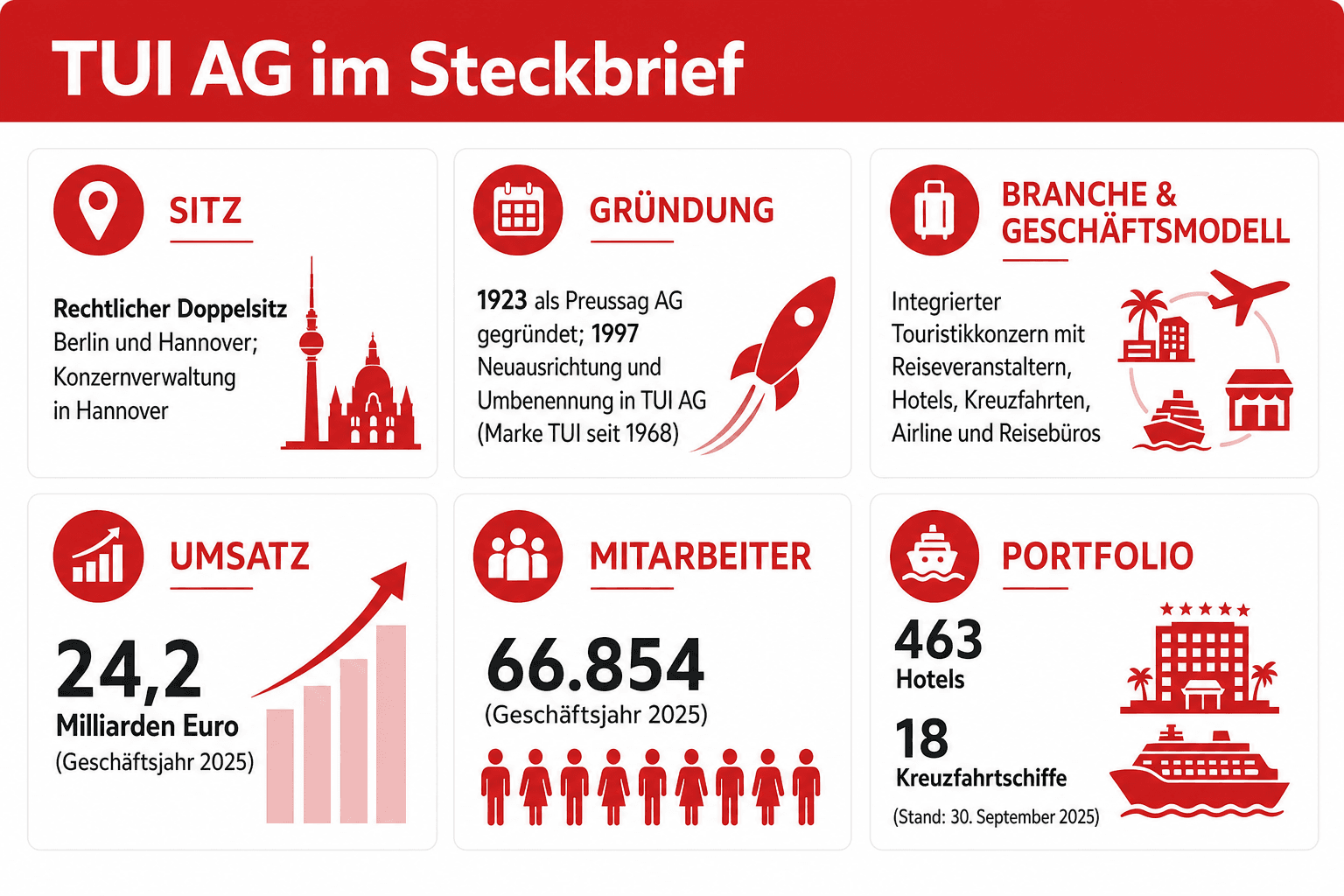 Infografik: TUI im Steckbrief Firmenname: Sitz | TUI AG: Rechtlicher Doppelsitz Berlin und Hannover; Konzernverwaltung in Hannover F...